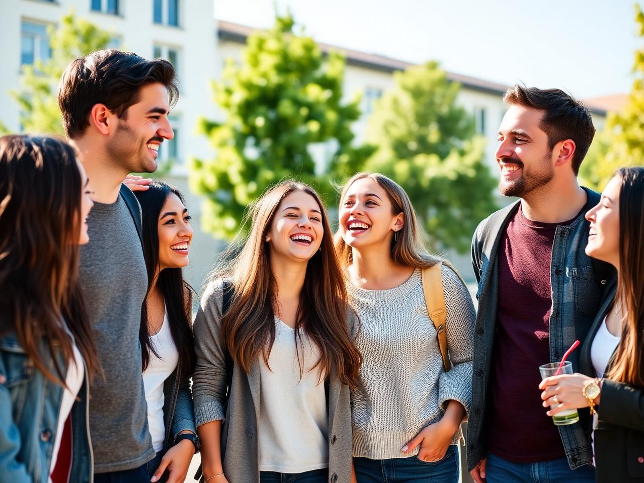 International students laughing together on a sunny campus